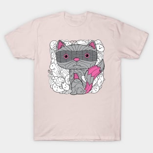 Doodle Raccoon Dark Grey Pink Colour with Doodle Background T-Shirt